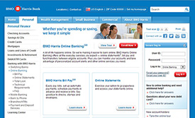 BMO Harris Bank home page screenshot showing complexity of interface; links to larger version of same image