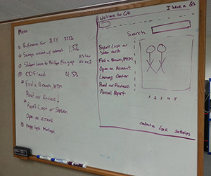 Whiteboard sketch showing basic wireframe render of the Accessible Online Banking site concept; links to larger version of same image