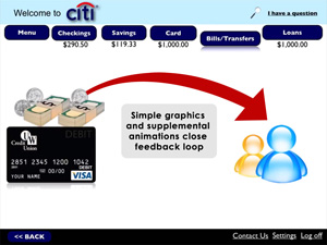 Screenshot of accessible online banking interface demonstrating how a supplemental animation provides the user with feedback about what is going on to support cognitive disabilities; links to larger version of same image