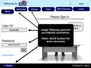 Screenshot of accessible online banking interface demonstrating large hitboxes to prevent accidental activation and consistent, static back button to support error recovery for those with physical disabilities; links to larger version of same image